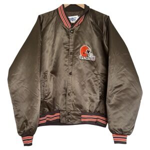 VTG Cleveland Browns Chalk Line Satin Jacket Snap Men's XL Brown Made in USA